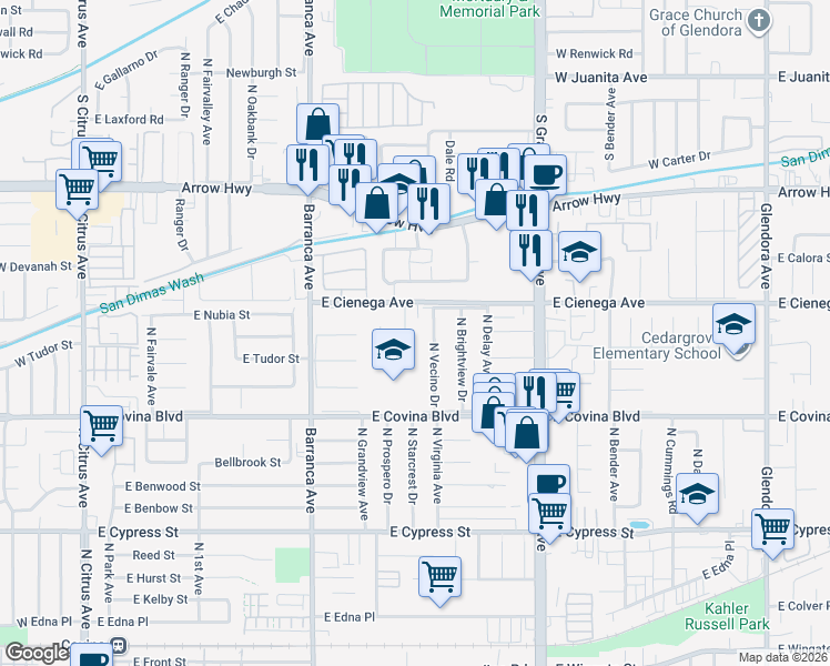 map of restaurants, bars, coffee shops, grocery stores, and more near 1256 North Starcrest Drive in Covina