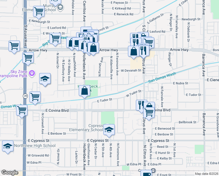 map of restaurants, bars, coffee shops, grocery stores, and more near 1258 Albertson Avenue in Covina