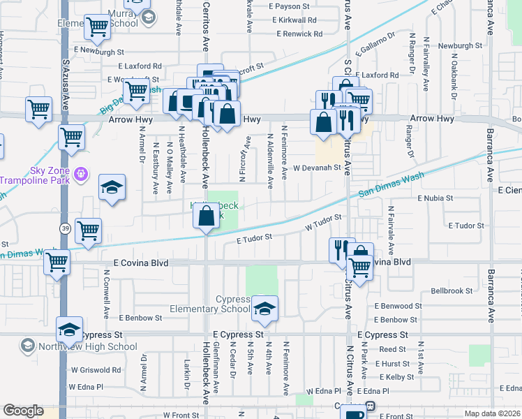 map of restaurants, bars, coffee shops, grocery stores, and more near 1258 Albertson Avenue in Covina