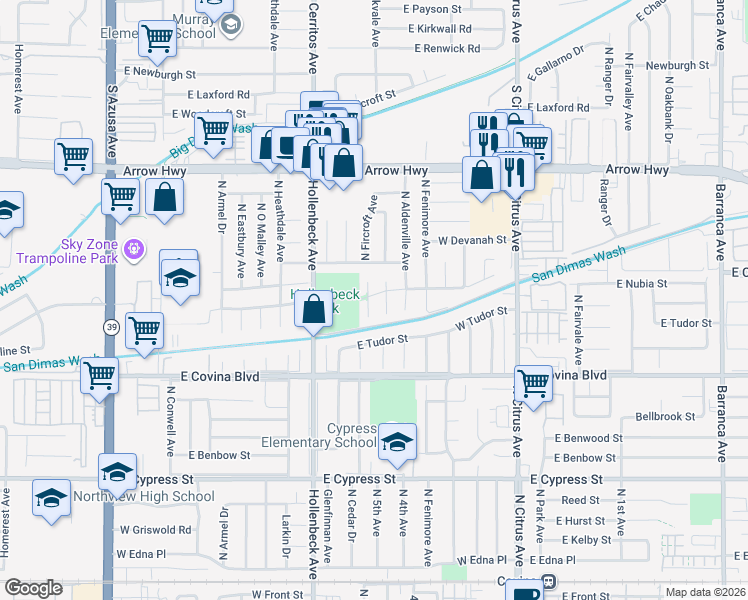 map of restaurants, bars, coffee shops, grocery stores, and more near 1265 North Fircroft Avenue in Covina