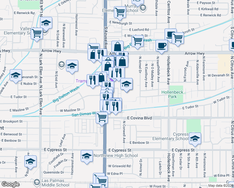 map of restaurants, bars, coffee shops, grocery stores, and more near 807 West Grondahl Street in Covina