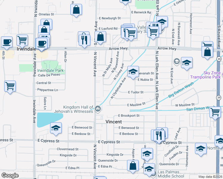map of restaurants, bars, coffee shops, grocery stores, and more near 4937 North Clydebank Avenue in Covina
