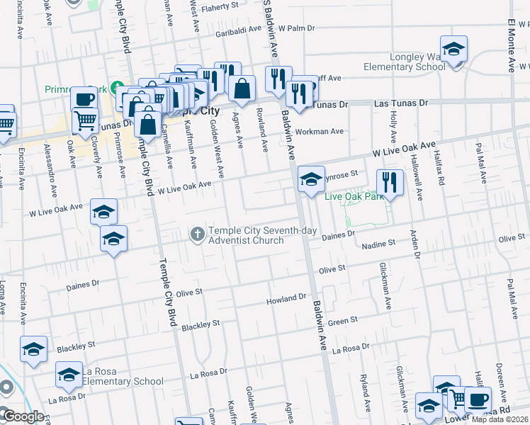 map of restaurants, bars, coffee shops, grocery stores, and more near 9947 Bogue Street in Temple City