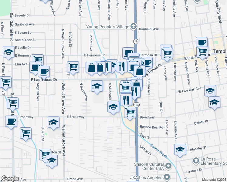 map of restaurants, bars, coffee shops, grocery stores, and more near 5646 North Muscatel Avenue in San Gabriel