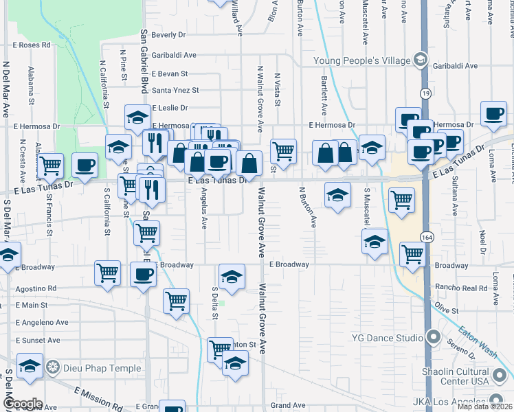 map of restaurants, bars, coffee shops, grocery stores, and more near 5626 North Willard Avenue in San Gabriel
