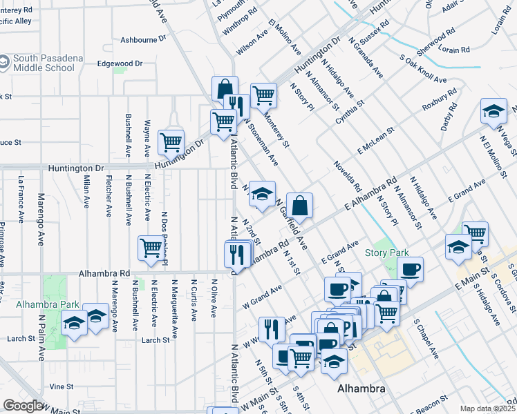 map of restaurants, bars, coffee shops, grocery stores, and more near 815 North Garfield Avenue in Alhambra