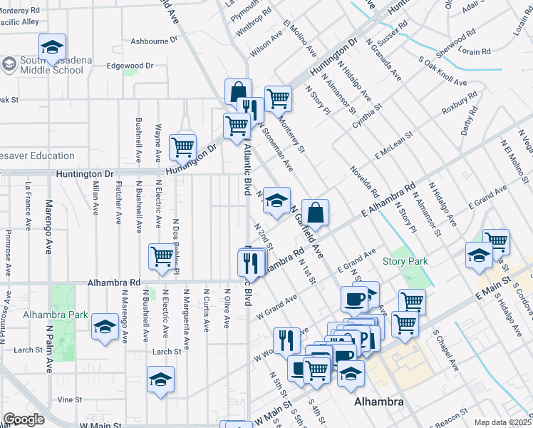 map of restaurants, bars, coffee shops, grocery stores, and more near 833 North 1st Street in Alhambra