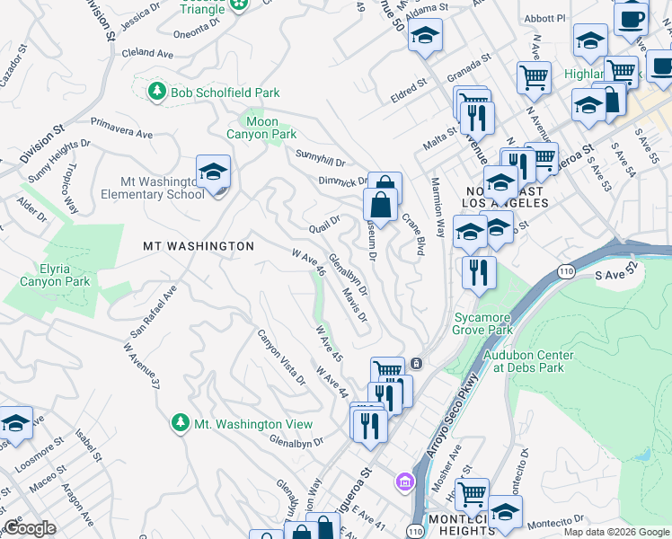 map of restaurants, bars, coffee shops, grocery stores, and more near 486 Mavis Drive in Los Angeles