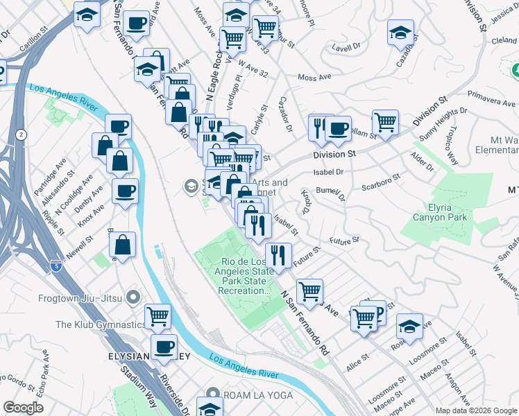 map of restaurants, bars, coffee shops, grocery stores, and more near 2944 Bank Street in Los Angeles