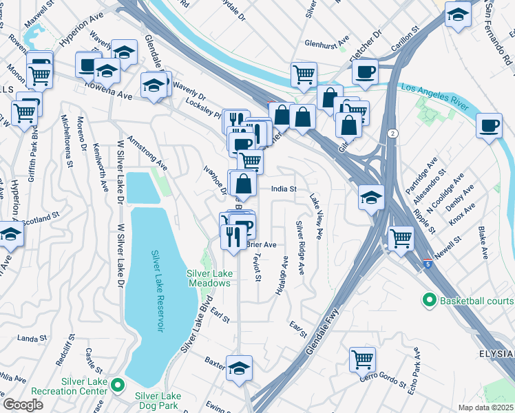 map of restaurants, bars, coffee shops, grocery stores, and more near 2477 Silver Lake Boulevard in Los Angeles