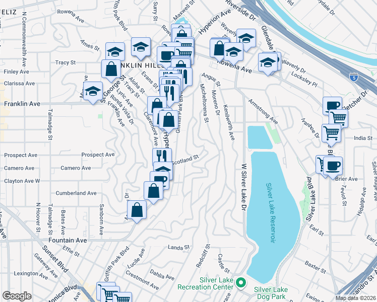 map of restaurants, bars, coffee shops, grocery stores, and more near 2340 Griffith Park Boulevard in Los Angeles