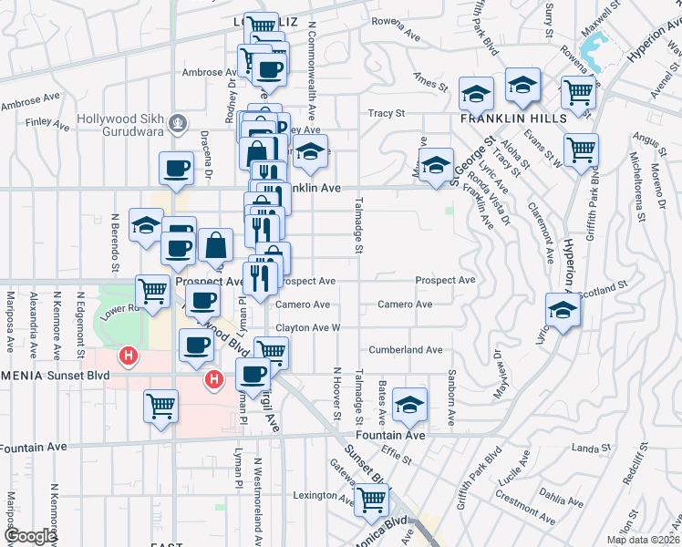 map of restaurants, bars, coffee shops, grocery stores, and more near 4324 Kingswell Avenue in Los Angeles