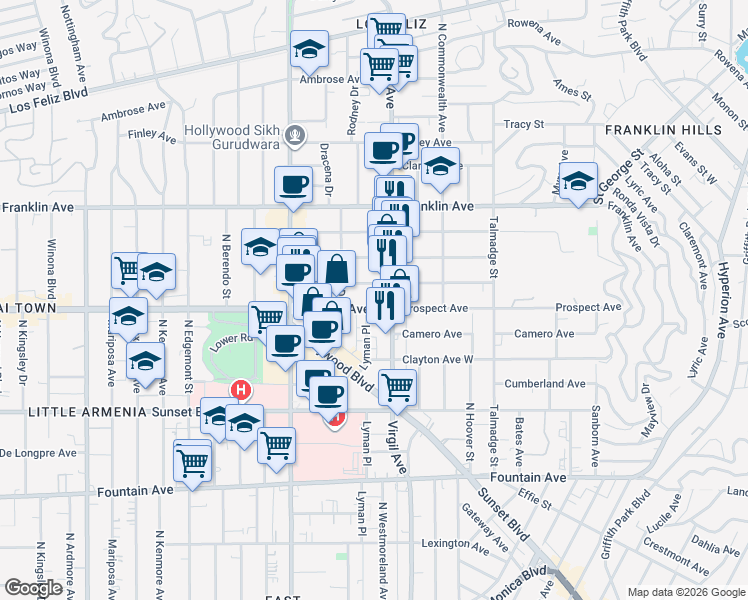 map of restaurants, bars, coffee shops, grocery stores, and more near 4530 Kingswell Avenue in Los Angeles