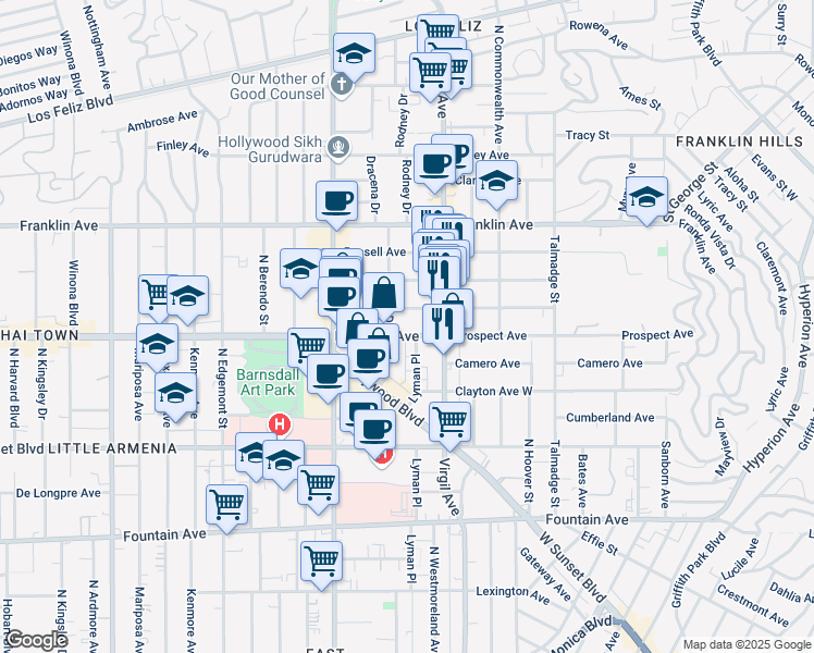map of restaurants, bars, coffee shops, grocery stores, and more near 4530 Kingswell Avenue in Los Angeles
