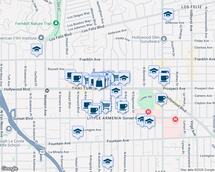 map of restaurants, bars, coffee shops, grocery stores, and more near in Los Angeles