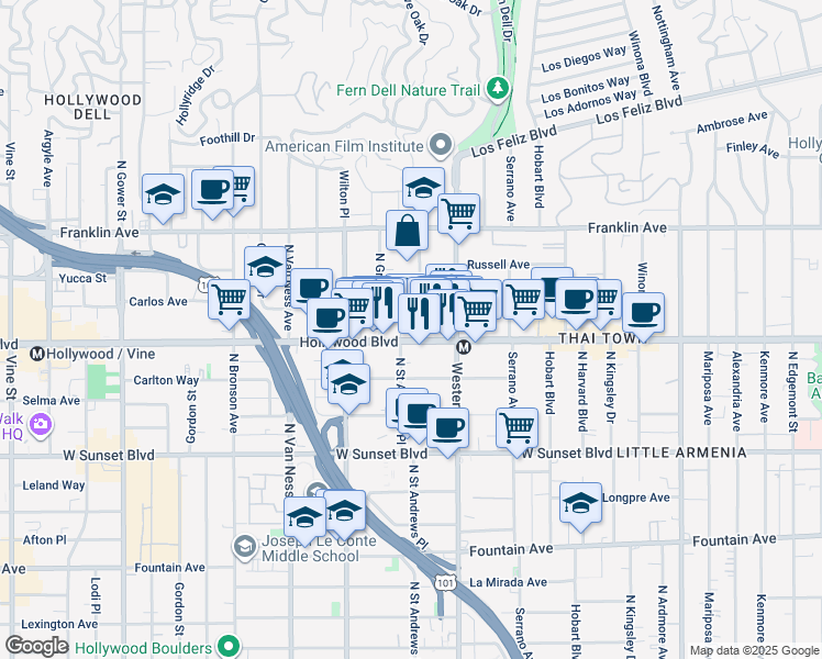 map of restaurants, bars, coffee shops, grocery stores, and more near 1723 Garfield Place in Los Angeles