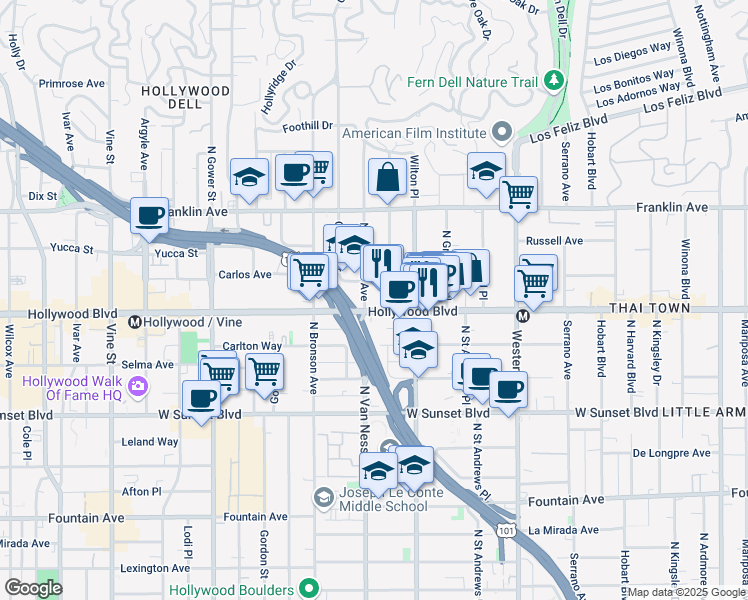 map of restaurants, bars, coffee shops, grocery stores, and more near 1722 North Van Ness Avenue in Los Angeles