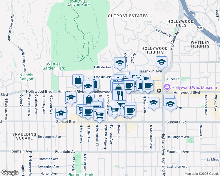 map of restaurants, bars, coffee shops, grocery stores, and more near 7205 Hollywood Boulevard in Los Angeles