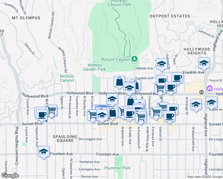 map of restaurants, bars, coffee shops, grocery stores, and more near 1731 North Gardner Street in Los Angeles