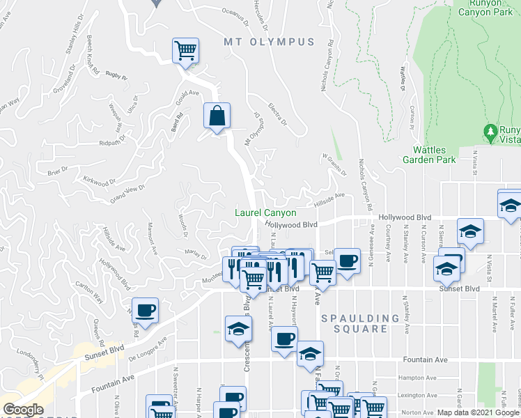 map of restaurants, bars, coffee shops, grocery stores, and more near 1720 Laurel Canyon Boulevard in Los Angeles