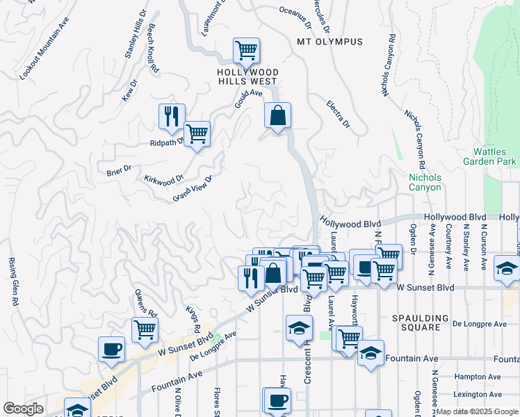 map of restaurants, bars, coffee shops, grocery stores, and more near 1766 North Crescent Heights Boulevard in Los Angeles