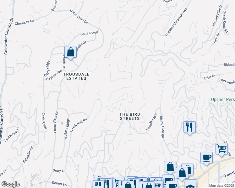 map of restaurants, bars, coffee shops, grocery stores, and more near 9235 Robin Drive in Los Angeles