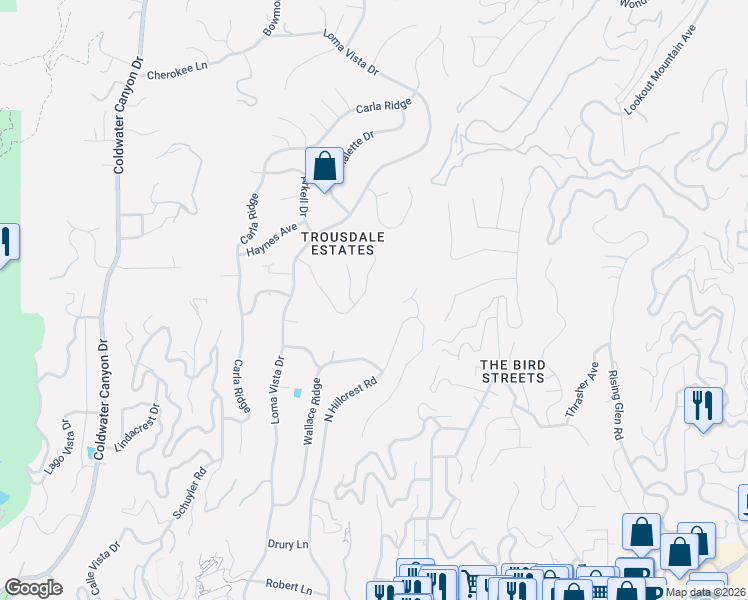 map of restaurants, bars, coffee shops, grocery stores, and more near 375 Trousdale Place in Beverly Hills