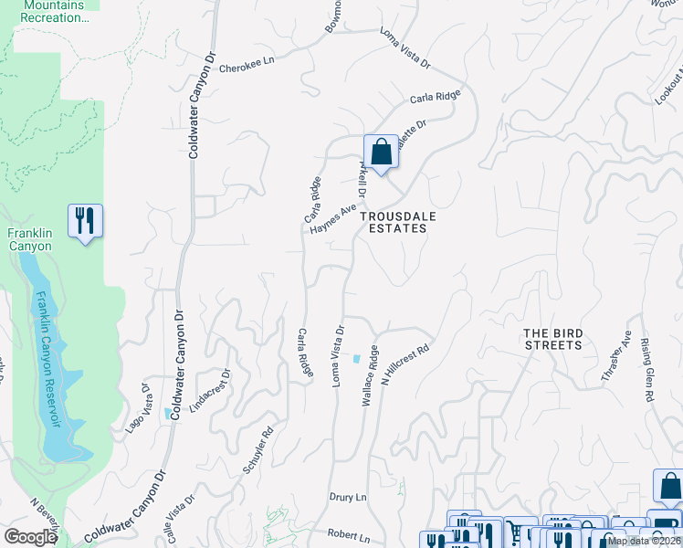 map of restaurants, bars, coffee shops, grocery stores, and more near 500 Leslie Lane in Beverly Hills