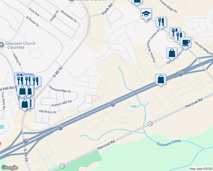 map of restaurants, bars, coffee shops, grocery stores, and more near 1155 Clemson Frontage Road in Columbia
