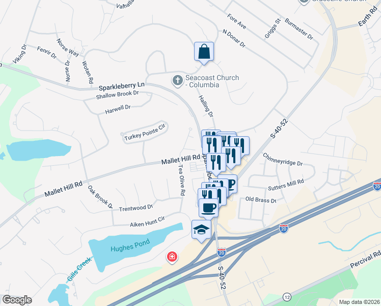 map of restaurants, bars, coffee shops, grocery stores, and more near 103 Woodsview Lane in Columbia