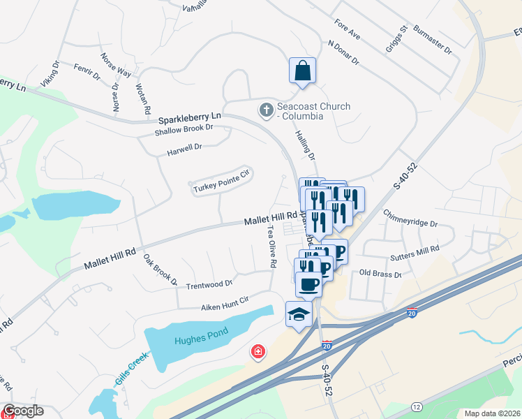 map of restaurants, bars, coffee shops, grocery stores, and more near 24 Mallet Hill Road in Columbia