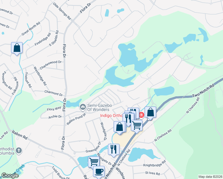 map of restaurants, bars, coffee shops, grocery stores, and more near 100 Southlake Road in Columbia