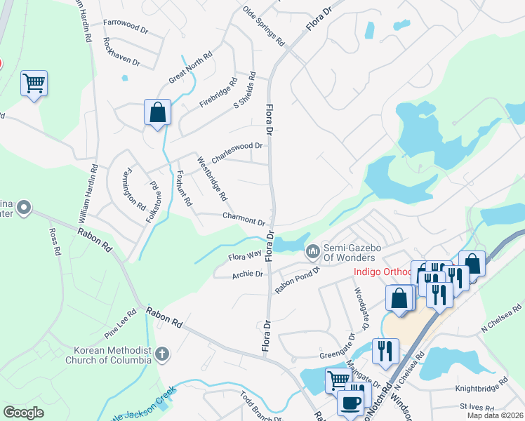 map of restaurants, bars, coffee shops, grocery stores, and more near 91 Winterberry Lane in Columbia