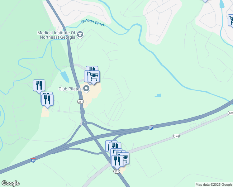 map of restaurants, bars, coffee shops, grocery stores, and more near 31 Loches Trail in Braselton