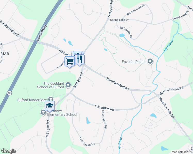 map of restaurants, bars, coffee shops, grocery stores, and more near 4024 Hamilton Mill Road in Buford
