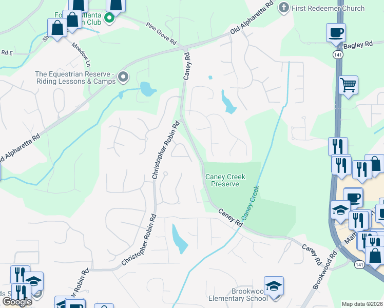 map of restaurants, bars, coffee shops, grocery stores, and more near 260 Brookwood Estates Drive in Cumming