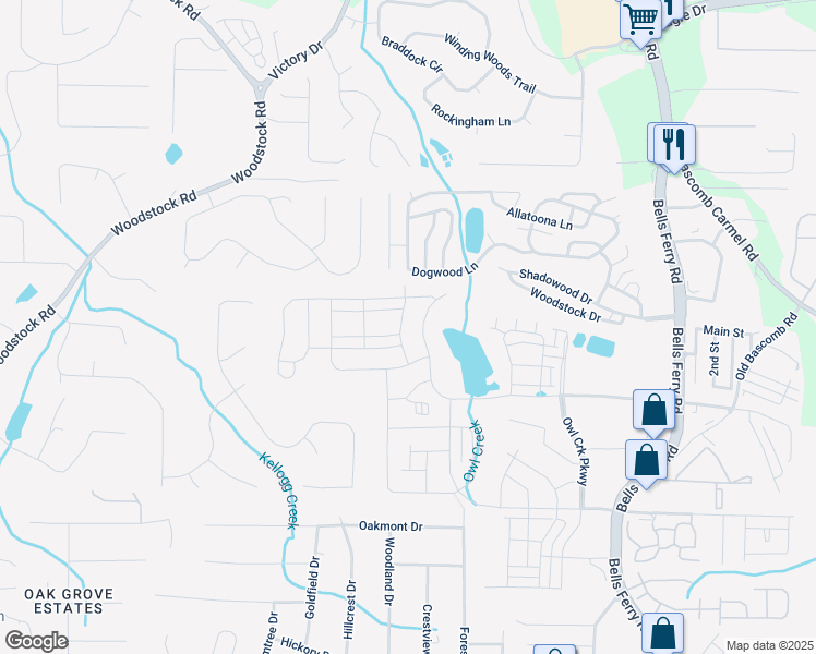 map of restaurants, bars, coffee shops, grocery stores, and more near 730 Dover Springs Drive in Acworth