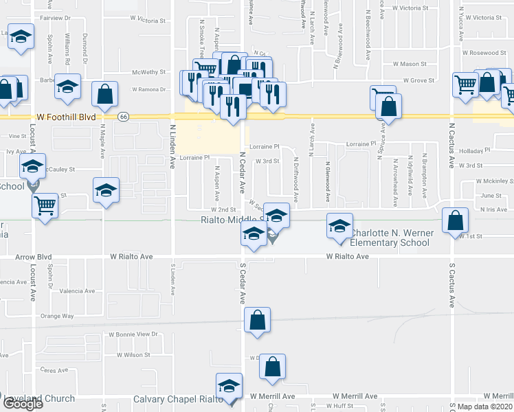 map of restaurants, bars, coffee shops, grocery stores, and more near 915 West 2nd Street in Rialto