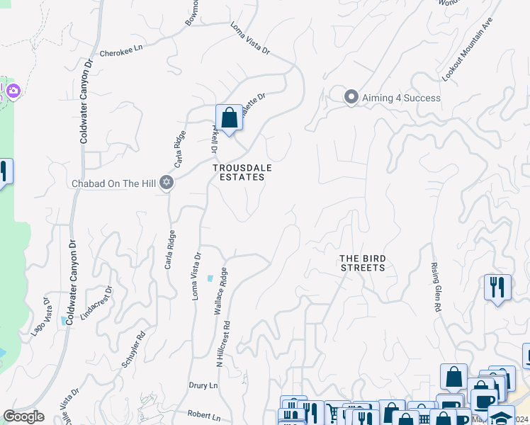 map of restaurants, bars, coffee shops, grocery stores, and more near 380 Trousdale Place in Beverly Hills