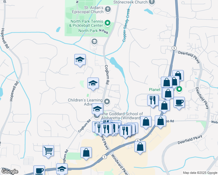 map of restaurants, bars, coffee shops, grocery stores, and more near 13377 Region Trace in Alpharetta