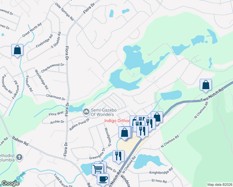 map of restaurants, bars, coffee shops, grocery stores, and more near 100 Southlake Road in Columbia
