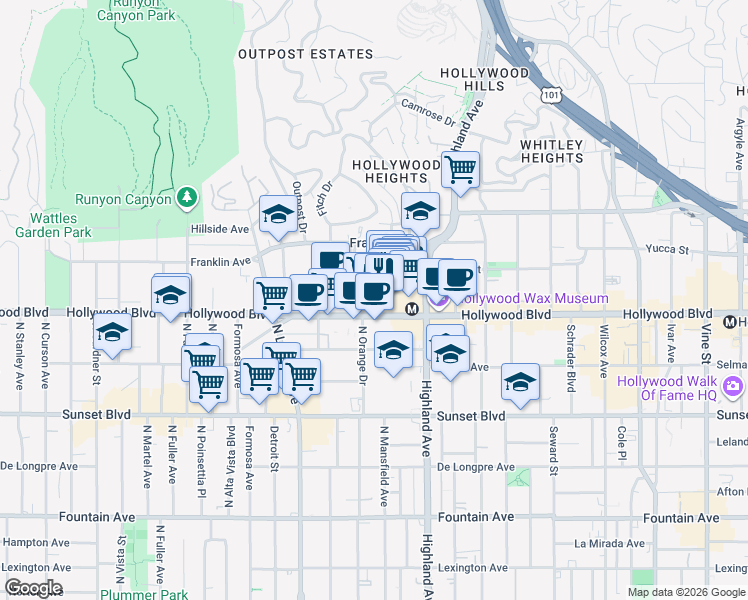 map of restaurants, bars, coffee shops, grocery stores, and more near 6925 Hollywood Boulevard in Los Angeles
