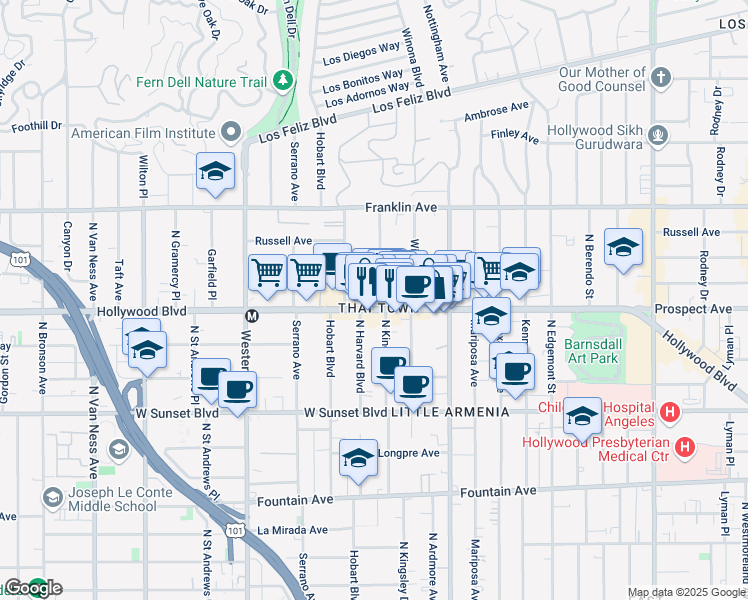 map of restaurants, bars, coffee shops, grocery stores, and more near in Los Angeles