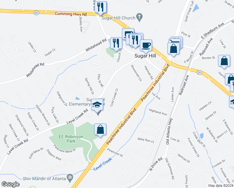 map of restaurants, bars, coffee shops, grocery stores, and more near 4905 Cold Creek Court in Sugar Hill