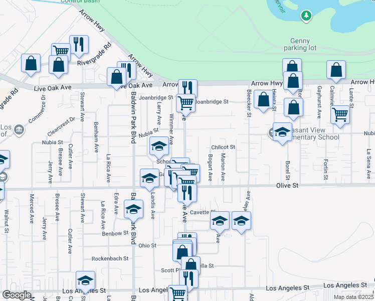 map of restaurants, bars, coffee shops, grocery stores, and more near 4920 Maine Avenue in Baldwin Park