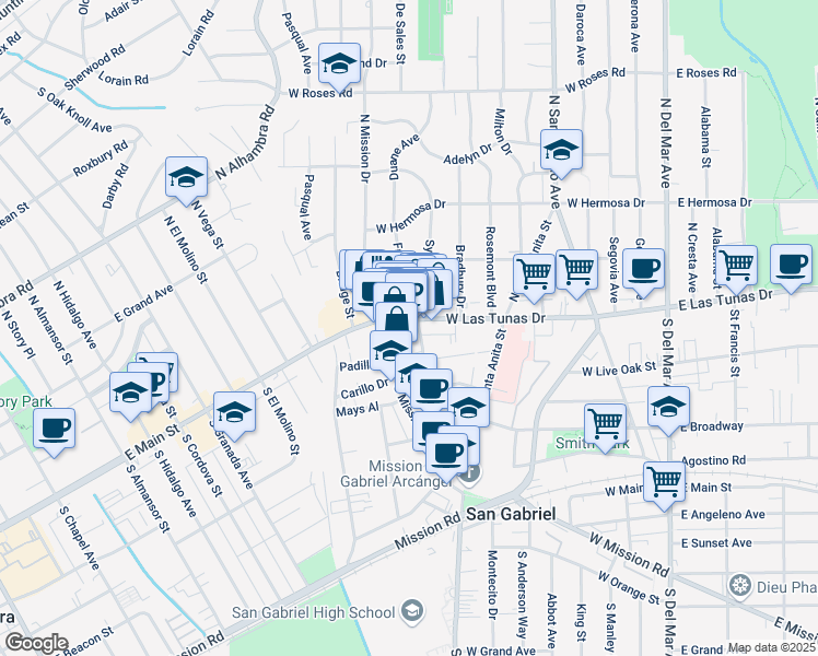 map of restaurants, bars, coffee shops, grocery stores, and more near 641 West Las Tunas Drive in San Gabriel