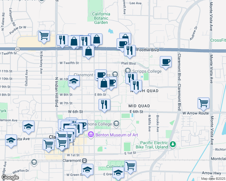 map of restaurants, bars, coffee shops, grocery stores, and more near 800 North Dartmouth Avenue in Claremont