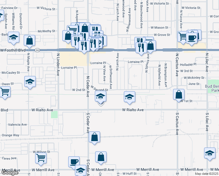 map of restaurants, bars, coffee shops, grocery stores, and more near 1156 West Second Street in Rialto