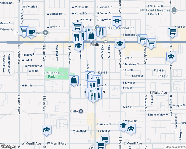 map of restaurants, bars, coffee shops, grocery stores, and more near 140 North Riverside Avenue in Rialto