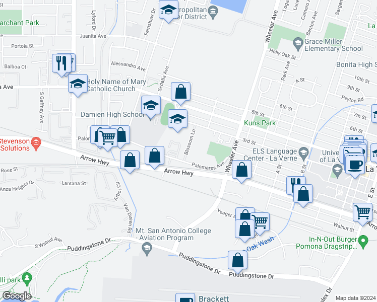 map of restaurants, bars, coffee shops, grocery stores, and more near 2092 Blossom Lane in La Verne